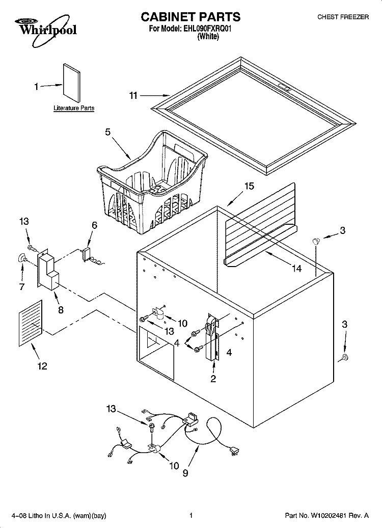CABINET PARTS Diagram and Parts List for EHL090FXRQ01  Whirlpool Freezer