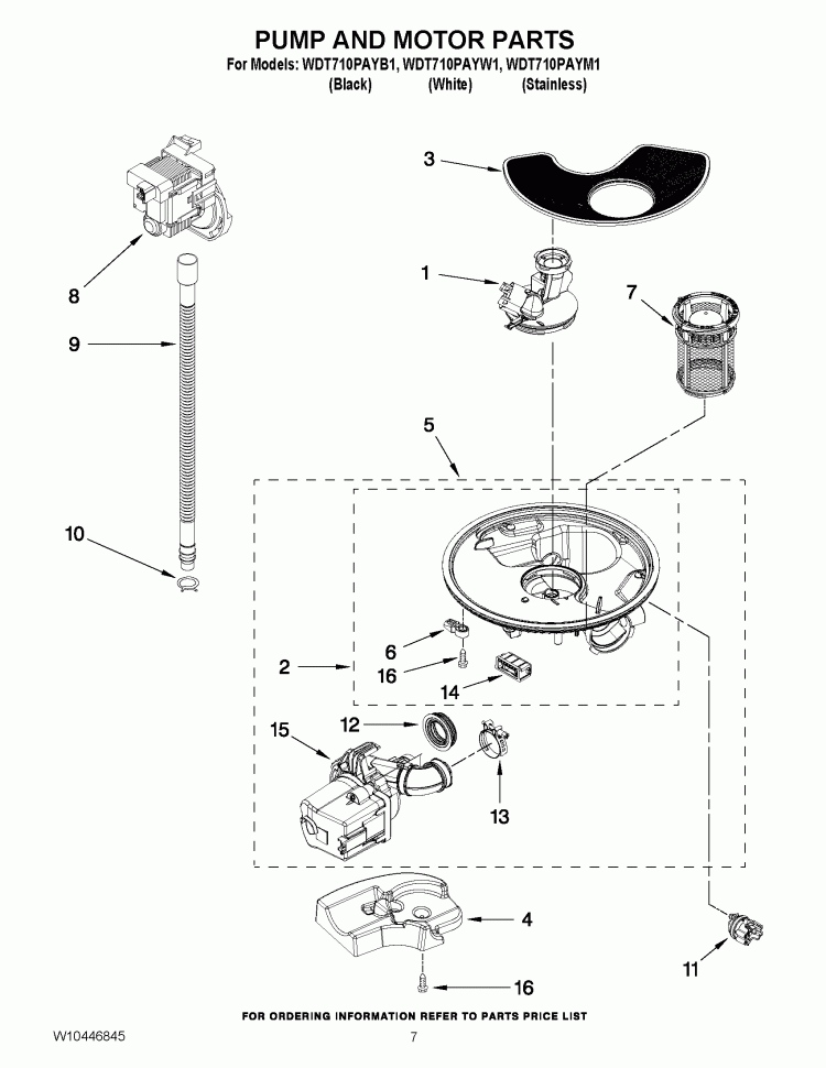 PUMP AND MOTOR PARTS Diagram and Parts List for WDT710PAYW1  Whirlpool Dishwasher