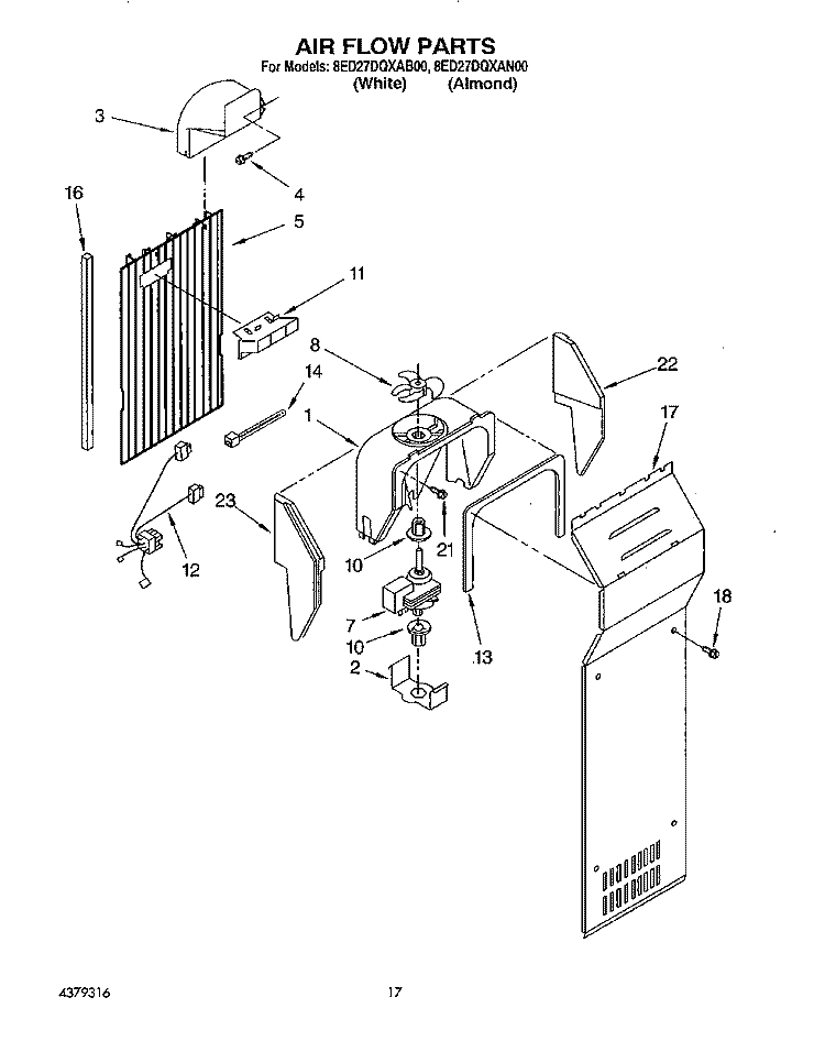 AIR FLOW Diagram and Parts List for 8ED27DQXAN00  Whirlpool Refrigerator