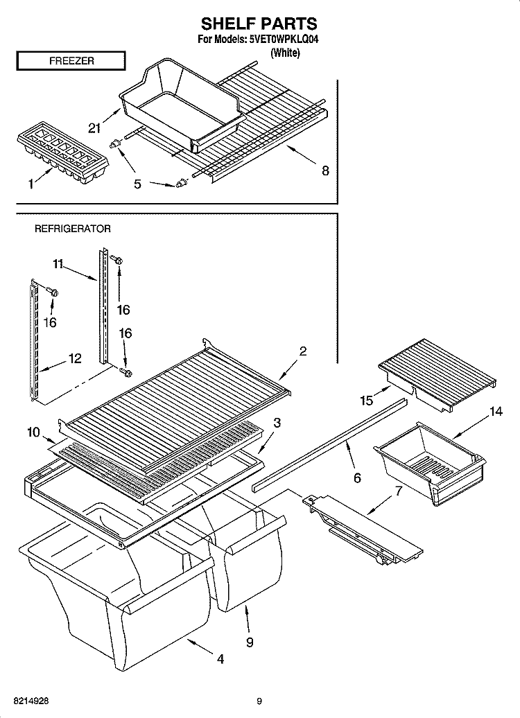 SHELF PARTS, OPTIONAL PARTS Diagram and Parts List for 5VET0WPKLQ04  Whirlpool Refrigerator