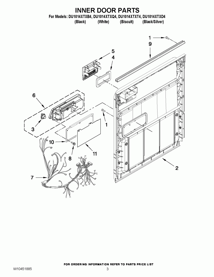 INNER DOOR PARTS Diagram and Parts List for DU1014XTXB4  Whirlpool Dishwasher
