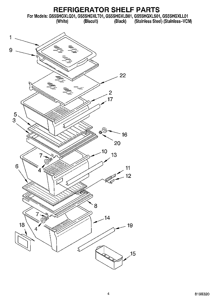 REFRIGERATOR SHELF PARTS Diagram and Parts List for GS5SHGXLQ01  Whirlpool Refrigerator