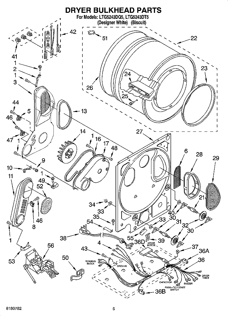 DRYER BULKHEAD PARTS Diagram and Parts List for LTG5243DT5  Whirlpool Washer Dryer Combo