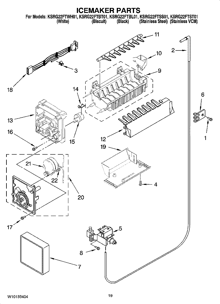 ICEMAKER PARTS Diagram and Parts List for KSRG22FTBL01  KitchenAid Refrigerator