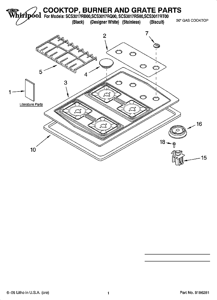 COOKTOP, BURNER AND GRATE PARTS Diagram and Parts List for SCS3017RQ00  Whirlpool Cooktop