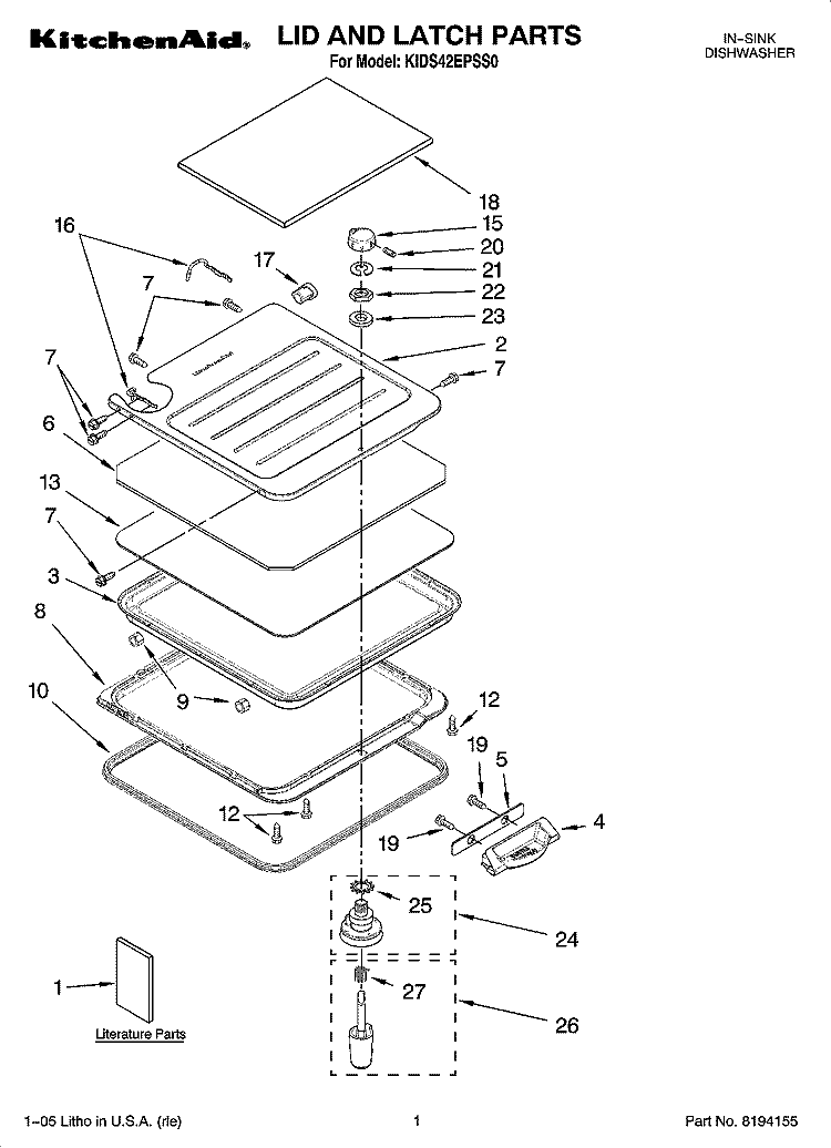 LID AND LATCH PARTS Diagram and Parts List for KIDS42EPSS0  KitchenAid Dishwasher