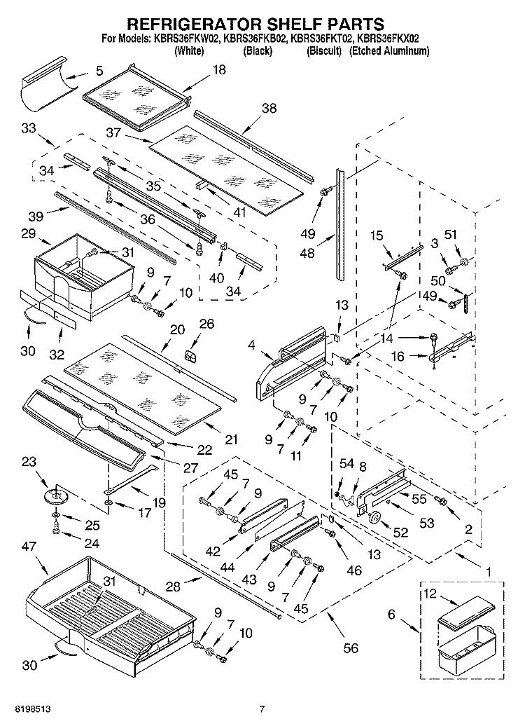 REFRIGERATOR SHELF PARTS Diagram and Parts List for KBRS36FKX02  KitchenAid Refrigerator