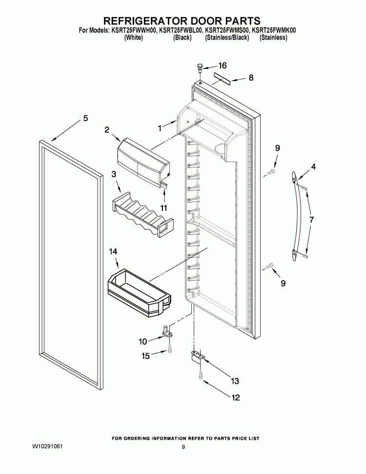 REFRIGERATOR DOOR PARTS Diagram and Parts List for KSRT25FWBL00  KitchenAid Refrigerator