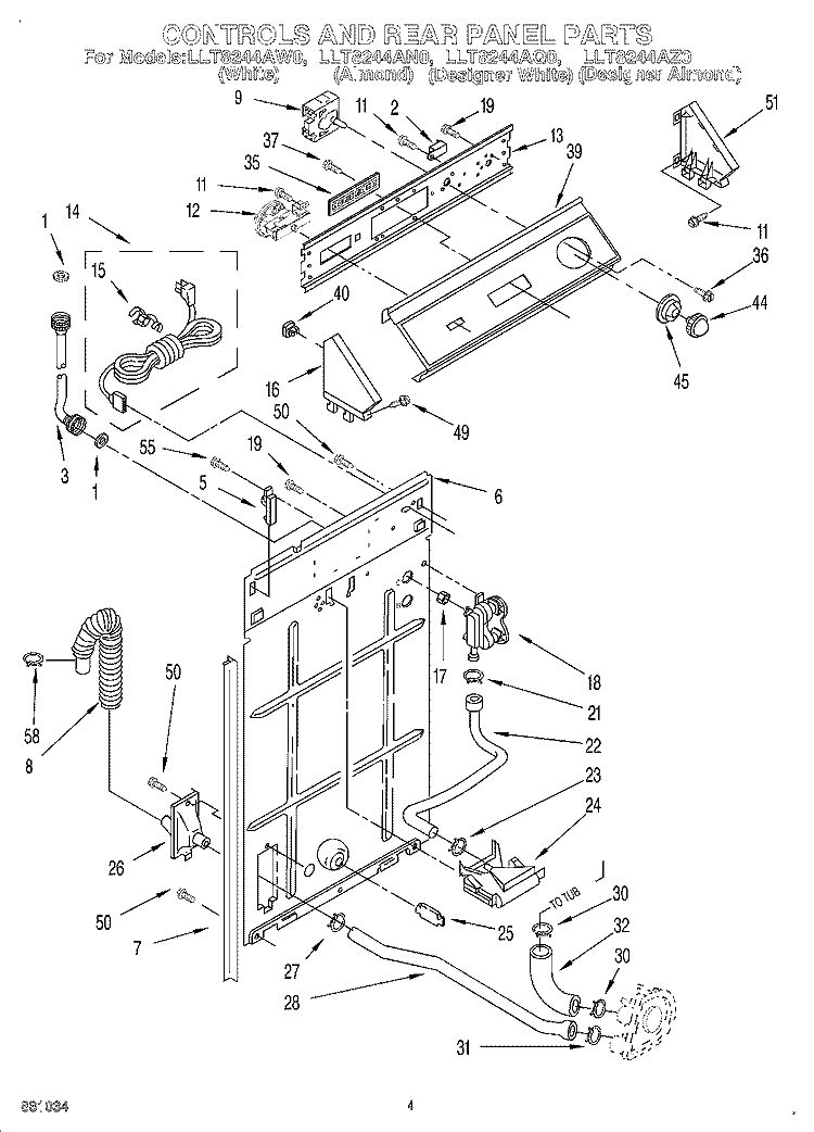 CONTROLS AND REAR PANEL Diagram and Parts List for LLT8244AW0  Whirlpool Washer