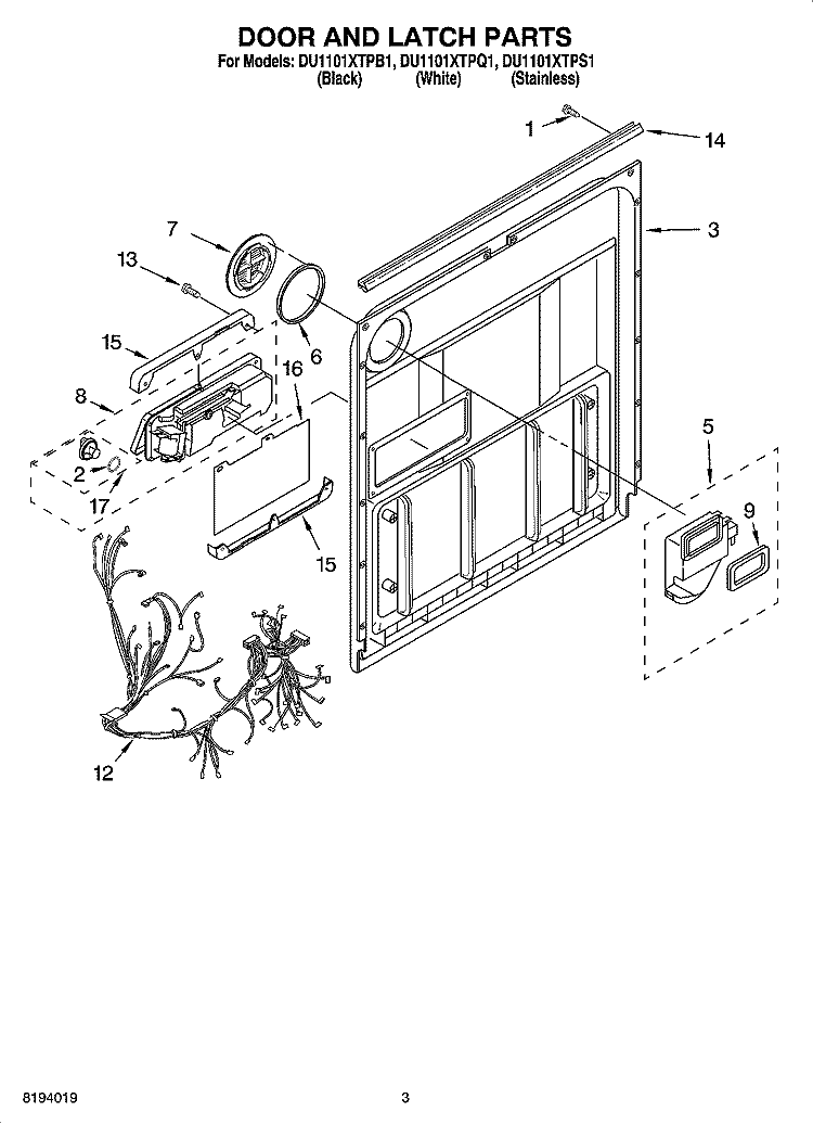DOOR AND LATCH PARTS Diagram and Parts List for DU1101XTPB1  Whirlpool Dishwasher