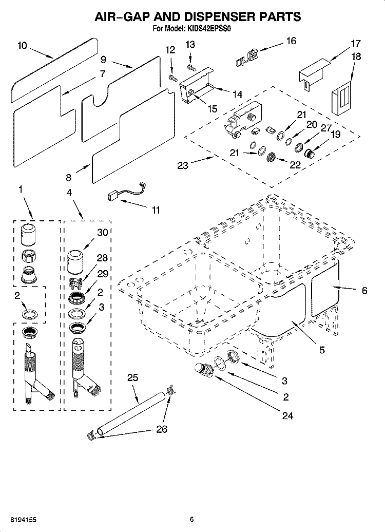 AIR-GAP AND DISPENSER PARTS Diagram and Parts List for KIDS42EPSS0  KitchenAid Dishwasher
