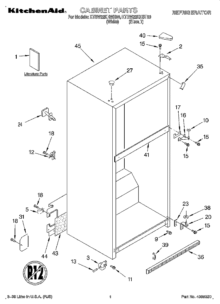 CABINET, LITERATURE Diagram and Parts List for KTRW22KHBT00  KitchenAid Refrigerator