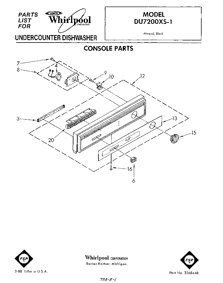 CONSOLE Diagram and Parts List for DU7200XS1  Whirlpool Dishwasher