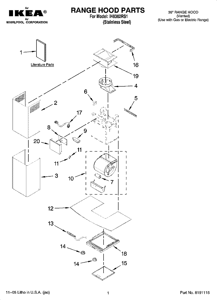 RANGE HOOD PARTS Diagram and Parts List for IH8362RS1  Whirlpool Range Hood
