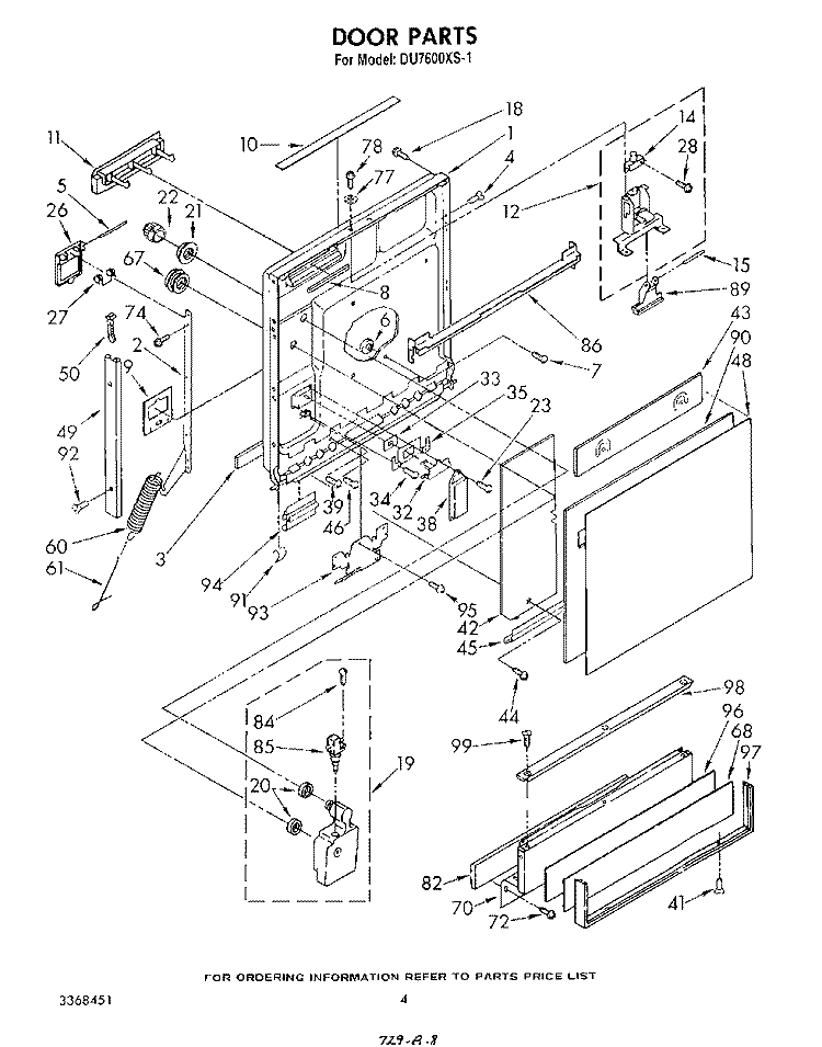 DOOR Diagram and Parts List for DU7600XS1  Whirlpool Dishwasher