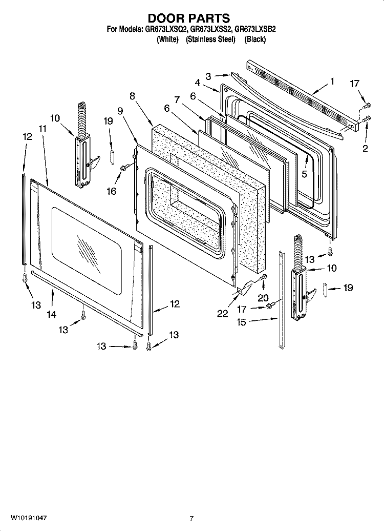 DOOR PARTS, OPTIONAL PARTS (NOT INCLUDED) Diagram and Parts List for GR673LXSB2  Whirlpool Range