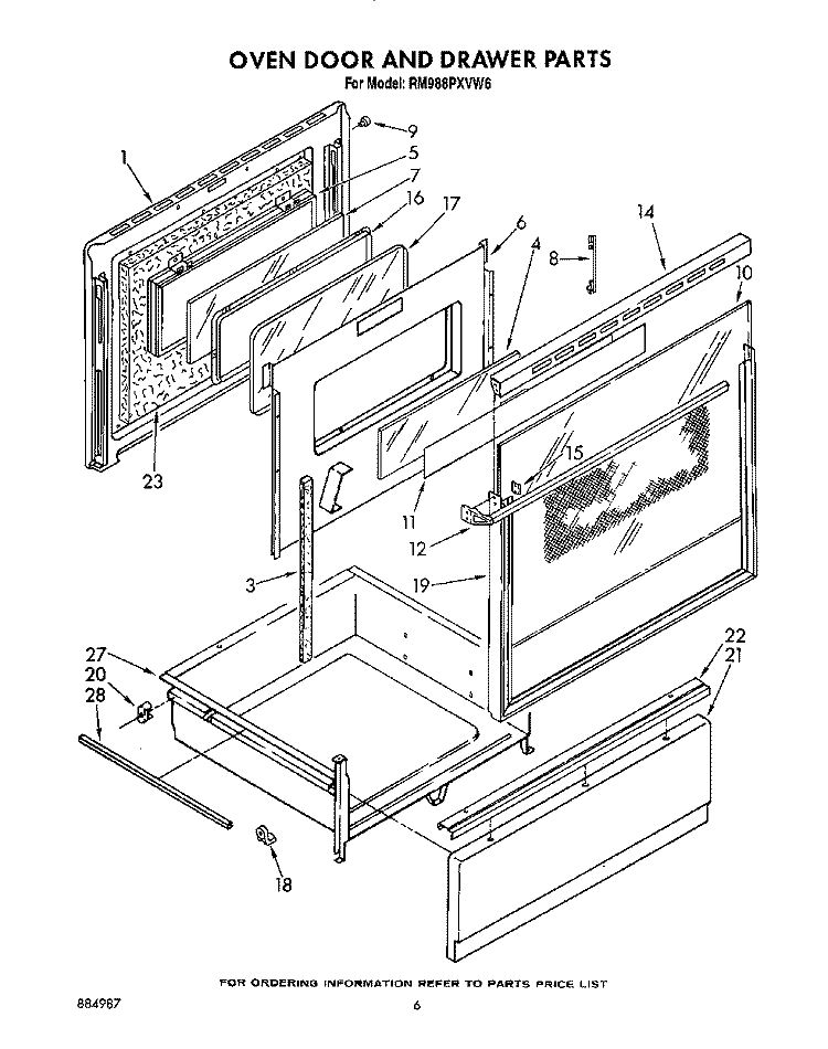 OVEN DOOR AND DRAWER Diagram and Parts List for RM988PXVW6  Whirlpool Microwave Oven Combo