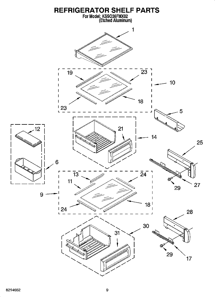 REFRIGERATOR SHELF PARTS Diagram and Parts List for KSSO36FMX02  KitchenAid Refrigerator