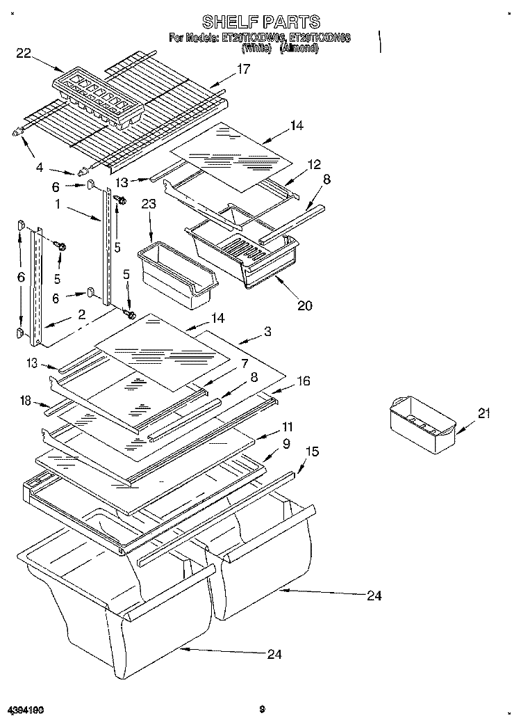 SHELF, LIT/OPTIONAL Diagram and Parts List for ET20TKXDN03  Whirlpool Refrigerator