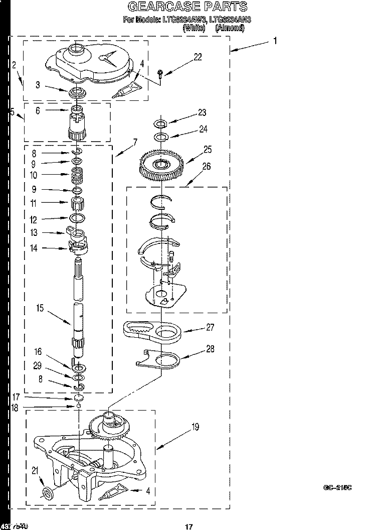 GEARCASE Diagram and Parts List for LTG6234AN3  Whirlpool Washer Dryer Combo