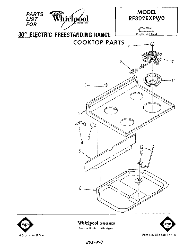 COOKTOP Diagram and Parts List for RF302EXPW0  Whirlpool Range