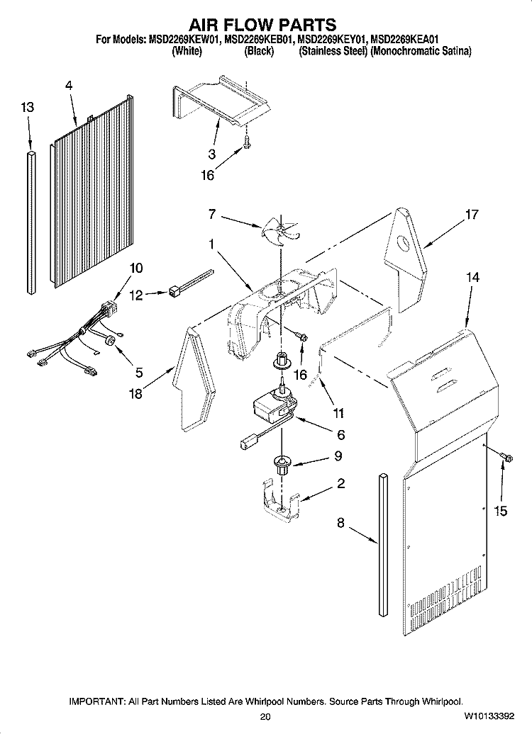 AIR FLOW PARTS, OPTIONAL PARTS (NOT INCLUDED) Diagram and Parts List for MSD2269KEB01  Whirlpool Refrigerator