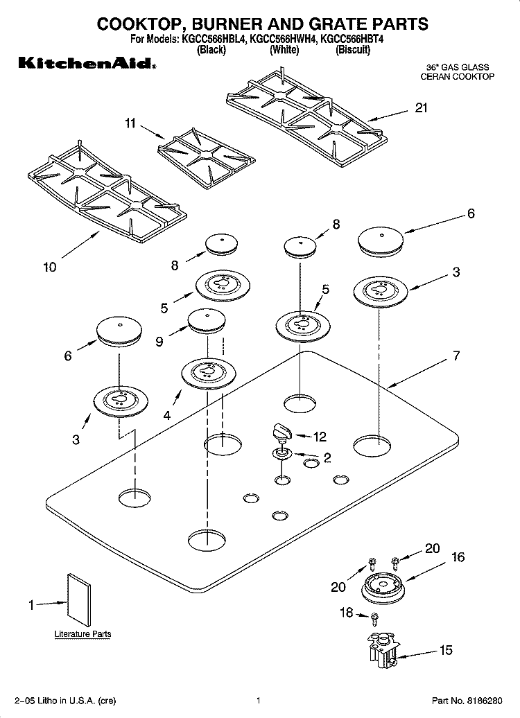 COOKTOP, BURNER AND GRATE PARTS Diagram and Parts List for KGCC566HWH4  KitchenAid Cooktop