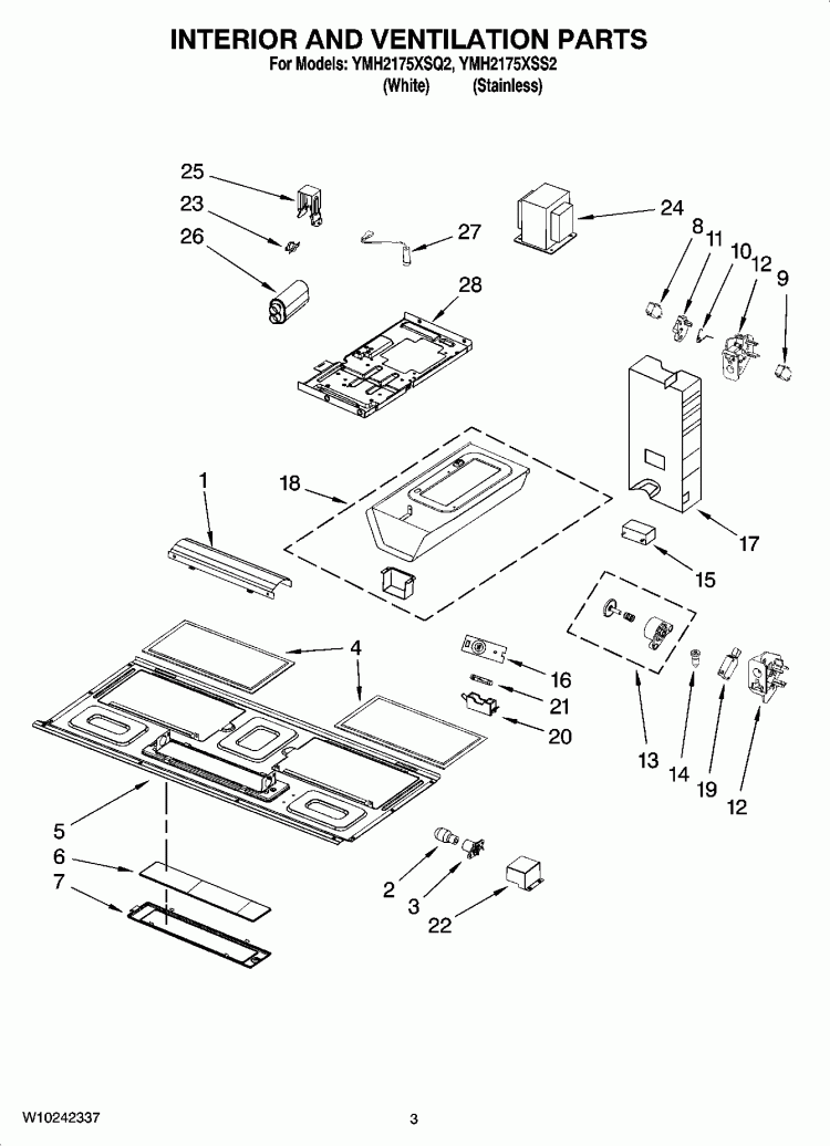 INTERIOR AND VENTILATION PARTS Diagram and Parts List for YMH2175XSS2  Whirlpool Microwave