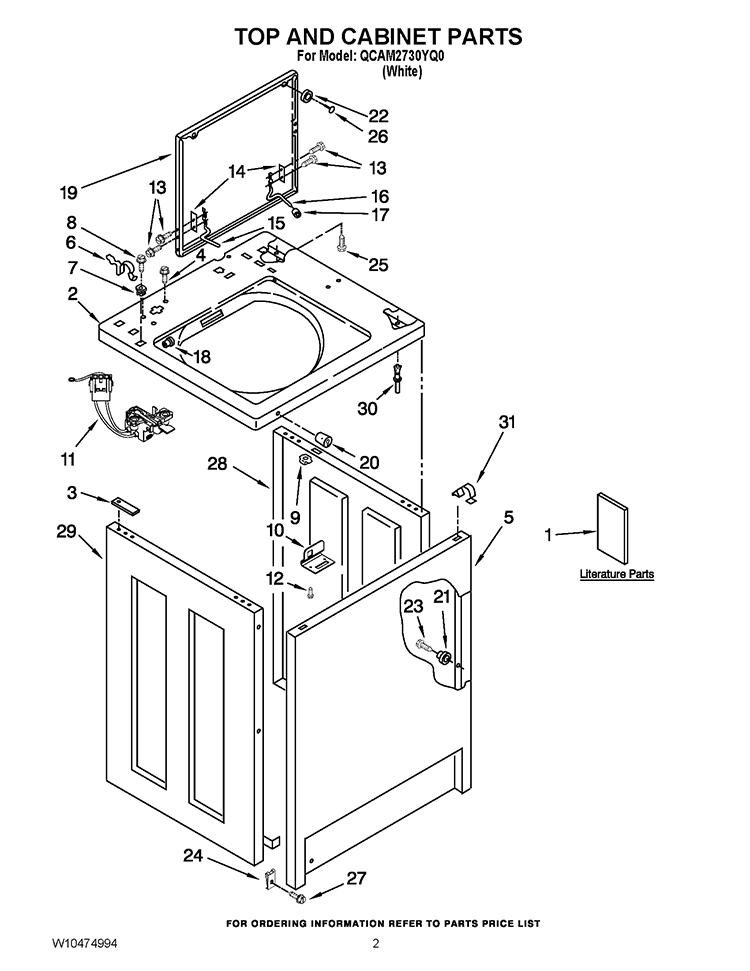 TOP AND CABINET PARTS Diagram and Parts List for QCAM2730YQ0  Whirlpool Washer