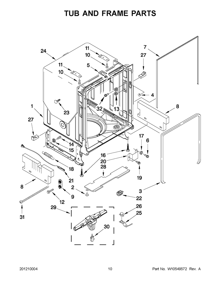 TUB AND FRAME PARTS Diagram and Parts List for KUDS30FBSS1  KitchenAid Dishwasher
