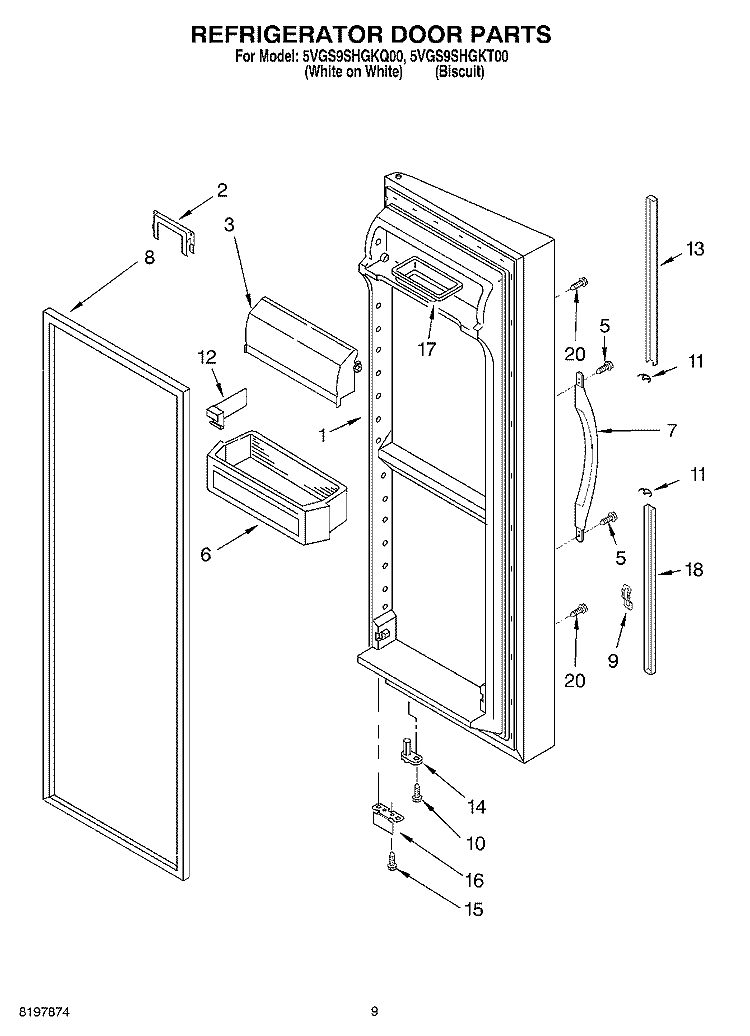 REFRIGERATOR DOOR Diagram and Parts List for 5VGS9SHGKT00  Whirlpool Refrigerator