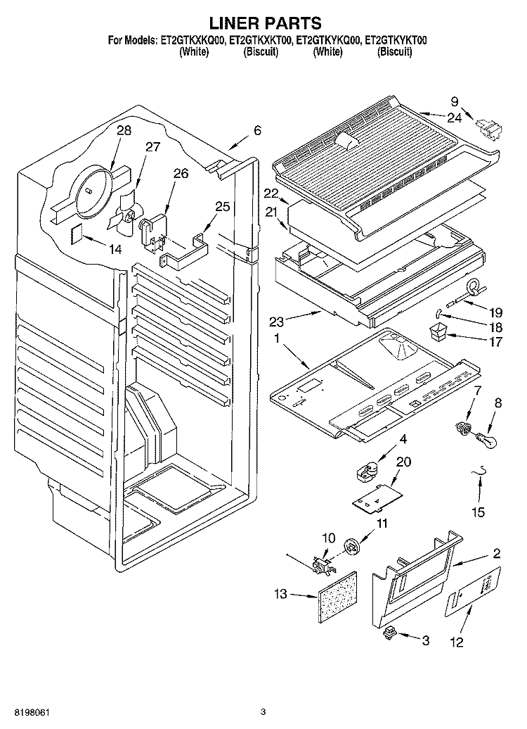 LINER Diagram and Parts List for ET2GTKXKQ00  Whirlpool Refrigerator