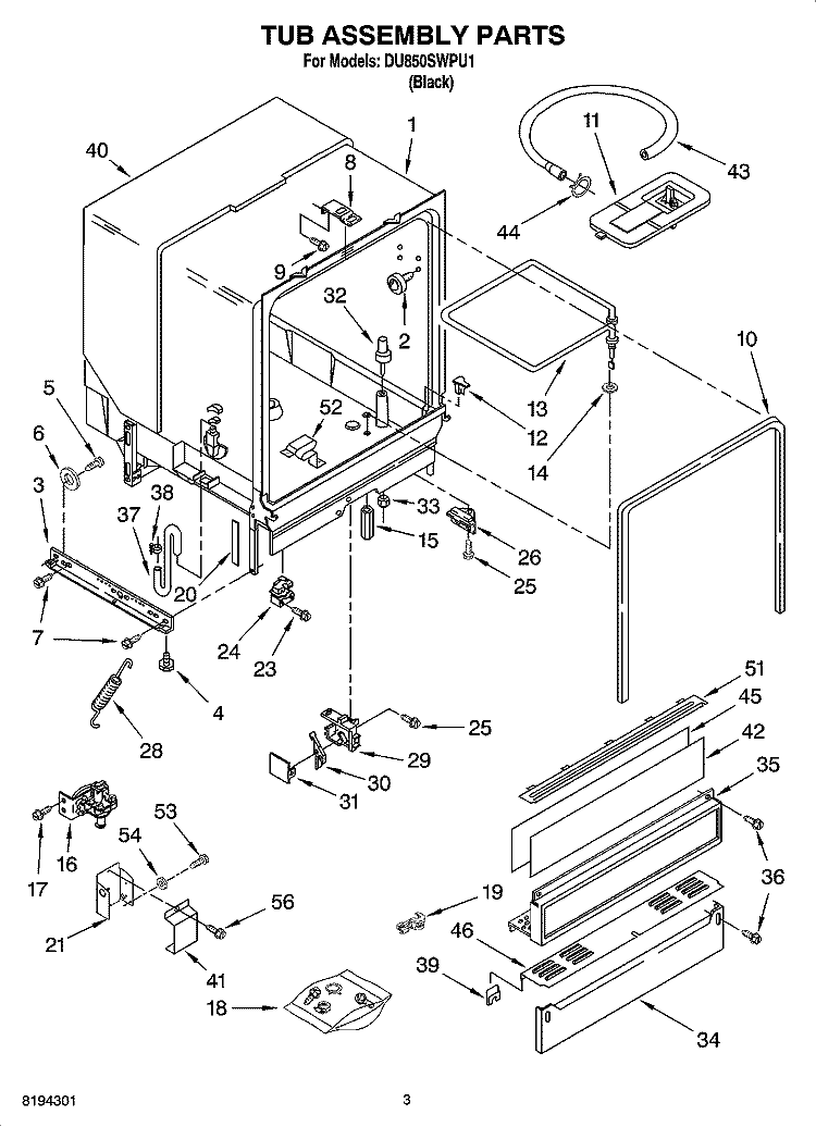 TUB ASSEMBLY PARTS Diagram and Parts List for DU850SWPU1  Whirlpool Dishwasher