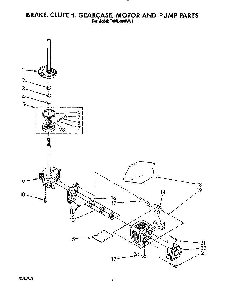 BRAKE, CLUTCH, GEARCASE, MOTOR AND PUMP Diagram and Parts List for TAWL400WW1  Estate Washer