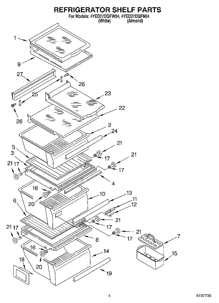 REFRIGERATOR SHELF Diagram and Parts List for 4YED27DQFN04  Whirlpool Refrigerator