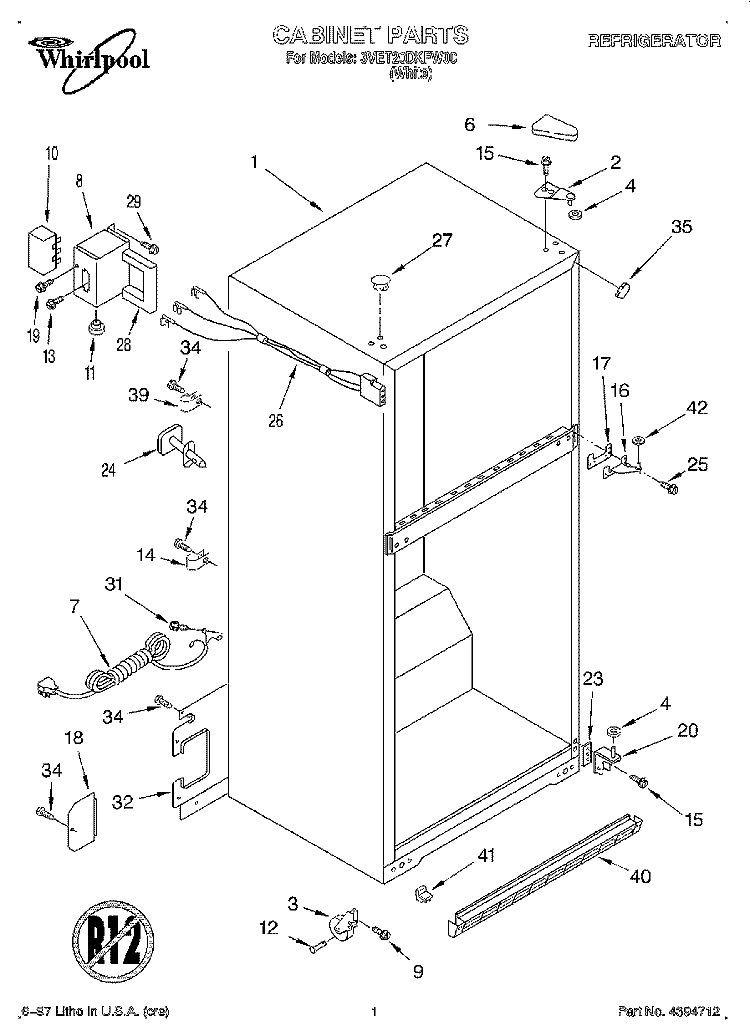 CABINET Diagram and Parts List for 3VET20DKFW00  Whirlpool Refrigerator