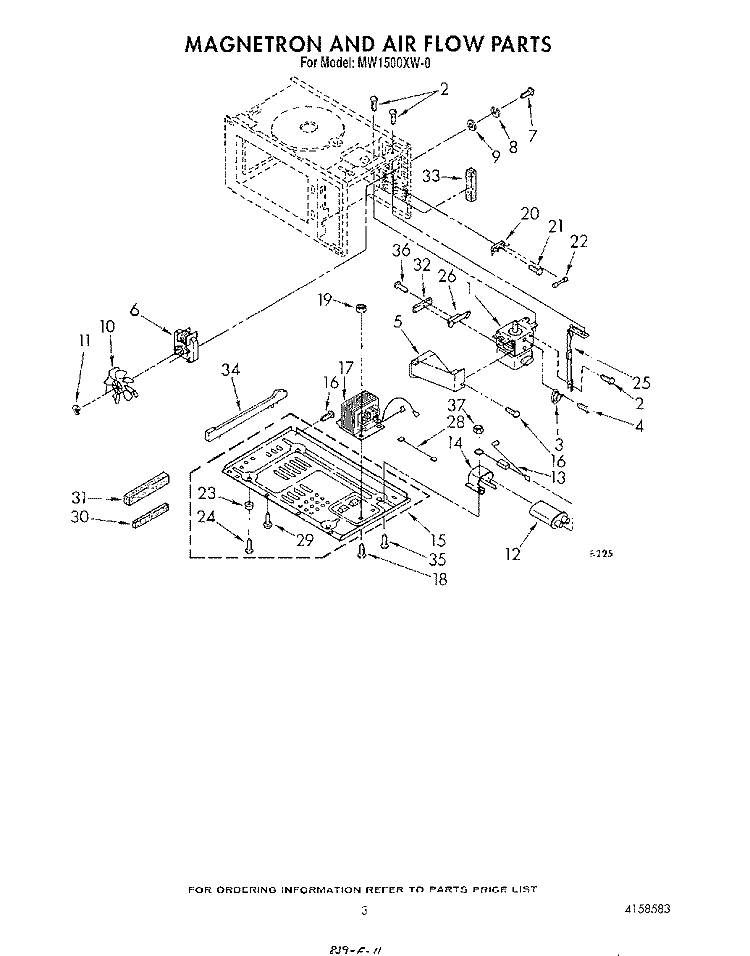 MAGNETRON AND AIR FLOW Diagram and Parts List for MW1500XW0  Whirlpool Wall Oven