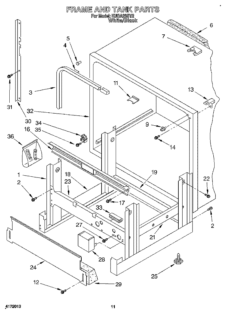 FRAME AND TANK Diagram and Parts List for KUDA23SY2  KitchenAid Dishwasher