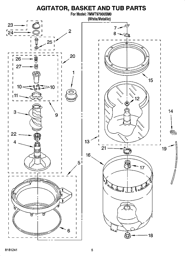 AGITATOR, BASKET AND TUB PARTS Diagram and Parts List for 7MWT97900SM0  Whirlpool Washer