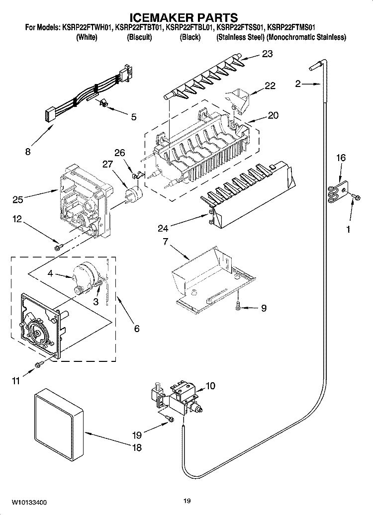 ICEMAKER PARTS Diagram and Parts List for KSRP22FTWH01  KitchenAid Refrigerator