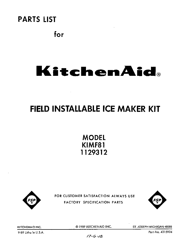 SECTION Diagram and Parts List for KIMF81  KitchenAid Ice Maker