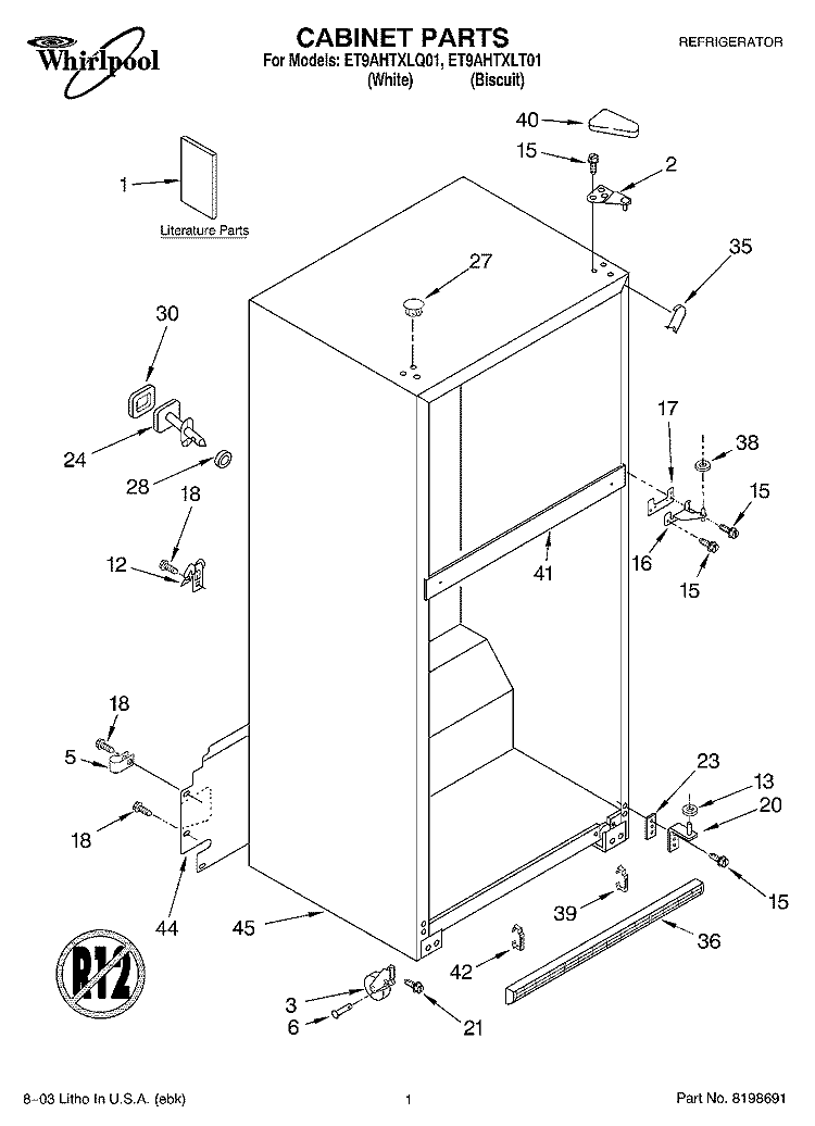 CABINET PARTS Diagram and Parts List for ET9AHTXLT01  Whirlpool Refrigerator