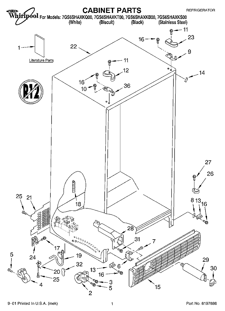 CABINET, LITERATURE Diagram and Parts List for 7GS6SHAXKQ00  Whirlpool Refrigerator