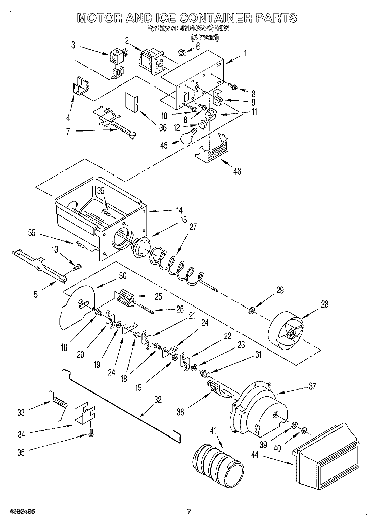 MOTOR AND ICE CONTAINER Diagram and Parts List for 4YED22PQFN02  Whirlpool Refrigerator