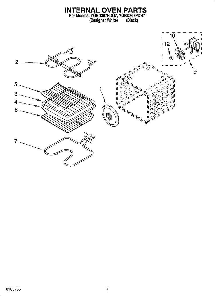INTERNAL OVEN PARTS Diagram and Parts List for YGBD307PDQ7  Whirlpool Wall Oven