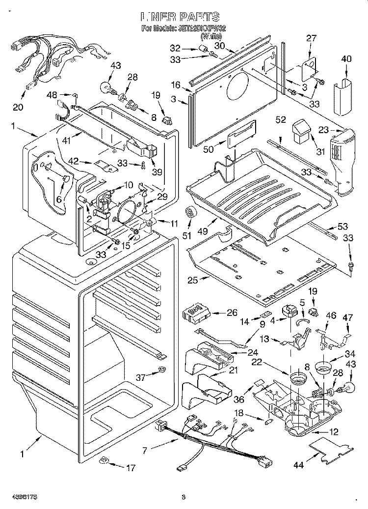 LINER Diagram and Parts List for 3ET22DKXFW02  Whirlpool Refrigerator
