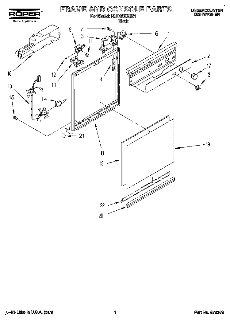 FRAME AND CONSOLE Diagram and Parts List for RUD3000DB1  Roper Dishwasher
