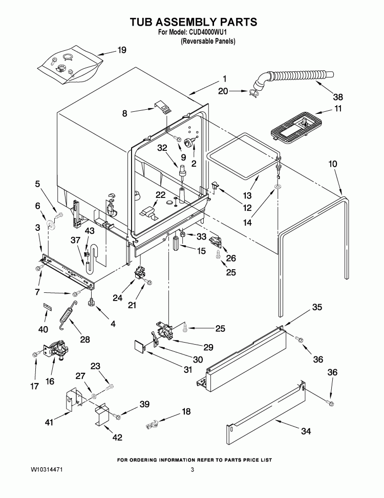 TUB ASSEMBLY PARTS Diagram and Parts List for CUD4000WU1  Crosley Dishwasher
