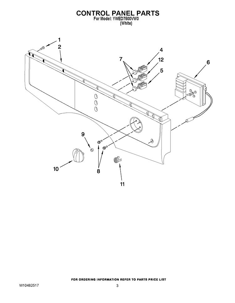 CONTROL PANEL PARTS Diagram and Parts List for YWED7500VW0  Whirlpool Dryer