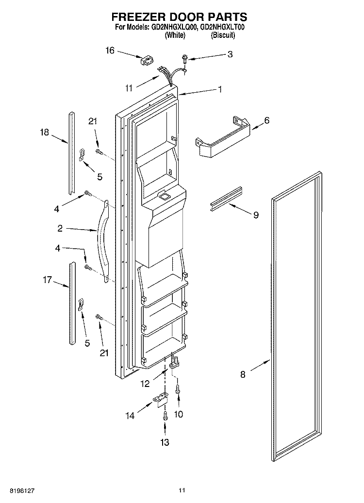 FREEZER DOOR Diagram and Parts List for GD2NHGXLQ00  Whirlpool Refrigerator